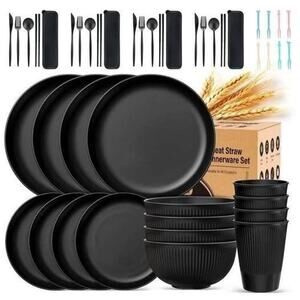 NEW Wheat Straw Dinnerware Set 48 Pc Plates Bowls Cups Utensils Black Reuseable